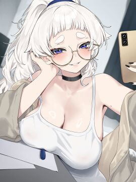 1girls absurdres bare_shoulders black_choker black_nails blush breast_rest breasts camisole cellphone choker cleavage commentary female glasses grin highres large_breasts leaning_to_the_side long_hair looking_at_viewer meg_(wakamepiza) mole mole_on_arm mole_on_armpit original phone ponytail purple_eyes round_eyewear short_bangs smartphone smile solo symbol-only_commentary thick_eyebrows thick_eyelashes tsurime wakamepiza white_camisole white_hair yellow-framed_eyewear