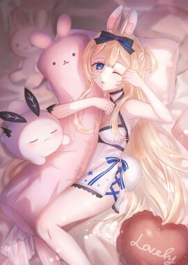 1girls animal_ears bangs bare_arms bare_shoulders blonde_hair blue_eyes blue_ribbon blurry bow bunny_ears bunny_girl character_name choker depth_of_field dress eyebrows_visible_through_hair female hair_between_eyes hair_bow hair_ribbon heart heart_pillow long_hair looking_at_viewer lying one_eye_closed open_mouth pillow pointy_chin ribbon sleeveless solo striped stuffed_animal stuffed_bunny stuffed_toy very_long_hair virtual_youtuber vyugen white_dress yenko
