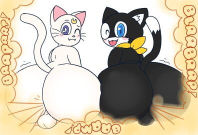 2023 2boys 2femboys anthro anthro_only artemis_(sailor_moon) ass atlus big_ass big_butt bishoujo_senshi_sailor_moon black_fur blue_eyes blush crossover cute domestic_cat drawful-s fart fart_cloud fart_fetish farting farting_together feline femboy furry furry_only looking_at_viewer looking_back male male/male male_only morgana_(persona) onomatopoeia persona purple_eyes sitting sitting_down slight_blush sticking_out_tongue toony white_fur