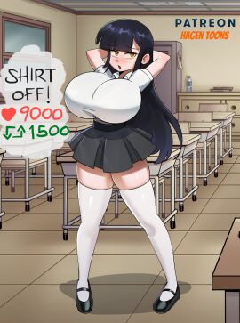 1girls alternate_version_available audrey_(hagen_toons) big_breasts black_hair breasts clothed clothed_female female female_only full_body hagen_toons long_hair looking_at_viewer solo solo_female strip_game