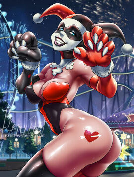 1girls ass bare_legs bare_shoulders bare_thighs batman_(series) big_ass big_breasts big_butt blue_eyes breasts clothed clothing color dc dc_comics female female_focus female_only foxyart harleen_quinzel harley_quinn harley_quinn_(classic) hi_res large_breasts light-skinned_female light_skin looking_at_viewer nipples_visible_through_clothing solo solo_female tagme tattoo thick_thighs