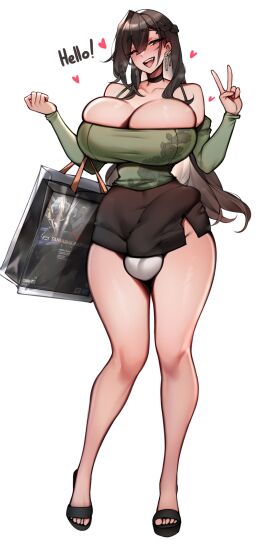 1futa balls balls_bulge balls_in_panties balls_under_clothes big_breasts big_penis blush blushing breasts brown_hair brunette_hair bulge bulge_to_side bursting_breasts busty cleavage clothed clothing erection futa_only futanari hand_gesture huge_breasts huge_cock human intersex large_breasts light-skinned_futa light_skin massive_breasts mostly_clothed niwada_(unbeller) original peace_sign penis penis_bulge penis_under_clothes skirt smile smiling smooth_balls smooth_penis solo standing thick thick_thighs thighs unbeller white_background