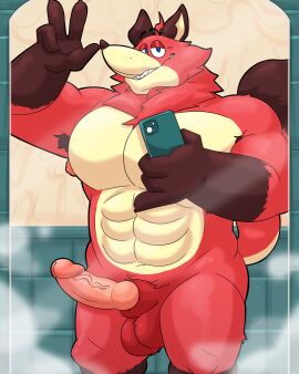 4:5 abs absurd_res agent_ocean_abara anthro big_muscles big_pecs canid canine electronics fox fur genitals hi_res knot knotted_penis leothelionel male mammal mirror_selfie multicolored_body multicolored_fur muscular muscular_male nipples nude pecs penis phone selfie solo tail the_human_heart_(game)