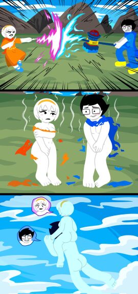 1boy 1girls after_fight black-haired_male black_hair blonde-haired_female blonde_hair destroyed_clothing embarrassed female fight flying glasses homestuck john_egbert lustydrawy male nude nude_female nude_male rose_lalonde short-haired_female short-haired_male short_hair straight torn_clothes white_skin