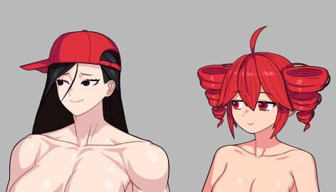 2girls breasts bust_portrait female kasane_teto muscular nude synthesizer_v tagme takulai topless utau yi_xi_(synthesizer_v)