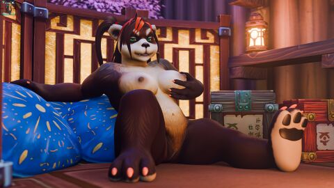 16:9 3d anthro bear belly big_breasts blizzard_entertainment breasts brown_body digital_media_(artwork) female fur genitals hair hi_res looking_at_viewer mammal multicolored_body nipples nude pandaren pussy smile solo sora-ken_(toxik_enzis) text toxik_enzis warcraft white_body white_fur widescreen world_of_warcraft