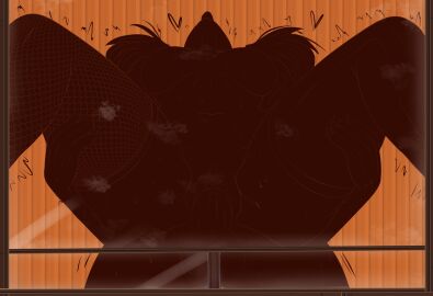 1boy ani_(xai) breasts female female_orgasm fishnet_thighhighs fishnets fuzzlogik head_back heart highres large_breasts long_hair male motion_lines orange_background orgasm pussy sex sex_from_behind solo_focus straight thighhighs tongue tongue_out trembling vaginal_penetration xai_(company)