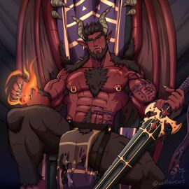 abs armpit_hair bara beard biceps bulge demon demon_horns devil devil_horns hairy_chest male male_nipples male_only male_pubic_hair masculine_male mature_male muscular muscular_male nipple_piercing nipples pecs piercing pubic_hair red_body red_skin tusks wolfshirtart yaoi