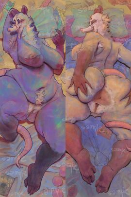 absurd_res american_opossum anal_hair anthro anus armpit_hair ass bed big_anus big_breasts big_butt bodily_fluids body_hair bong breasts butt_grab dakimakura dakimakura_design desamistesae_fafratarello_flumendo_styx drugs eyewear female furniture genitals glasses hand_on_butt happy_trail hi_res huge_filesize looking_at_viewer mammal marsupial narrowed_eyes nipple_piercing nipples piercing presenting pubes slightly_chubby smashmat solo spreading steam sweat thick_thighs tongue tongue_out vulva wide_hips