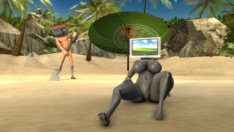 1boy 1girls 3d android ass barefoot beach big_ass big_breasts breasts completely_nude female full_body grey_skin male naked naked_female nude nude_female robot_girl scout_(team_fortress_2) sfm team_fortress_2 thick_thighs tv_head