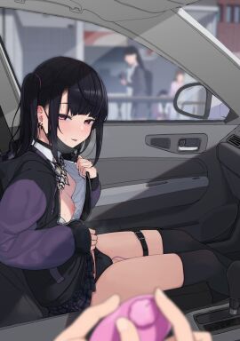 1girls areolae black_hair black_mask black_panties black_skirt black_thighhighs blush bowtie breasts car car_interior controlling_vibrator ear_piercing earrings exhibitionism female flashing holding_object hoodie kuaru_(okamokomon) long_hair looking_at_viewer mask nipples open_clothes original original_character panties pussy remote_control_vibrator sex_toy shirt side_ponytail sitting skirt small_breasts sweat thigh_strap thighhighs thighs tongue tongue_out vibrator vibrator_in_pussy vibrator_under_clothes vibrator_under_panties white_shirt