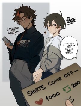 1female 1male braid braided_hair brown_eyes brown_hair clothed clothed_male clothing dark-skinned_male dark_hair dark_skin face_scar gay male miko_(texxmomo) momotexx_(artist) multiple_boys original original_character original_characters red_highlights sundress_character text text_box text_bubble texxmomo thorin_(texxmomo) tran trans_man undressing yaoi