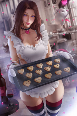 apron apron_only avalon_(olchas) baking brown_hair choker cookie cookies heart_apron heart_choker maid_outfit olchas purple_eyes tagme thigh_gap thigh_highs valentine's_day wine wine_bottle wine_glass