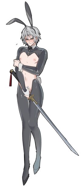 1boy aged_down belly_button blush bowtie bunny_boy bunny_ears bunnysuit color covering_self crossdressing cuffs embarrassed femboy final_fantasy final_fantasy_vii final_fantasy_vii_ever_crisis green_eyes grey_hair haoda1ke holding_weapon latex latex_armwear male male_focus male_only nipples no_visible_genitalia revealing_clothes reverse_bunnysuit sephiroth short_hair solo solo_focus solo_male square_enix standing sweatdrop sword tagme thighs twink weapon white_background