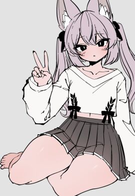 cat_ears collarbone crop_top higure_(hikiko2323) pink_hair ruffled_skirt ruffles skirt thick_thighs twintails v