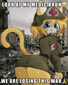 anthro army_dress army_girl army_helmet ass big_ass big_breasts breasts female kat_kitt katie_(kat_kitt) meme nurse showing_ass showing_off tail thick_thighs