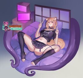 ahoge animal_ear_fluff animal_ears black_legwear black_shirt blonde_hair breasts choker crop_top double_v female hair_ornament hairclip long_hair looking_at_viewer midriff nail_polish navel panties pleated_skirt shirt sitting skirt smile solo spread_legs squchan_(vtuber) striped striped_panties tail toeless_legwear tongue tongue_out underwear v vyugen