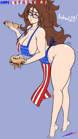 1girls 4th_of_july android_21 android_21_(human) apron apron_only bare_shoulders barefoot big_breasts blue_eyes breasts brown_hair cheeseburger cleavage dragon_ball dragon_ball_fighterz fakeryway female female_only food glasses hot_dog huge_breasts independence_day long_hair naked_apron pleasure_castle solo solo_female voluptuous
