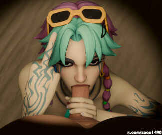 1boy 1girls 3d blender blowjob colored_hair fellatio female fortnite fortnite:_battle_royale hand_on_penis looking_at_viewer male middle_finger nude penis selene_(fortnite) tattoo zaaa1490