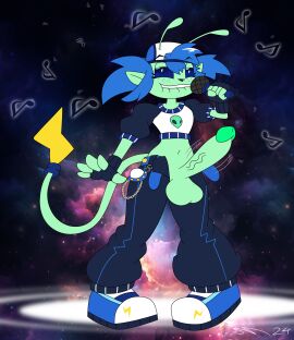 absurd_res alien alien_humanoid antennae_(anatomy) baseball_cap big_penis black_eyes blue_hair bottomwear clothing dirtymac electronics femboy fingerless_gloves footwear genitals gift girly gloves green_body green_skin hair handwear hat headgear headwear hi_res huge_cock humanoid keychain male microphone original original_character pants penis science_fiction shirt shoes topwear ufo