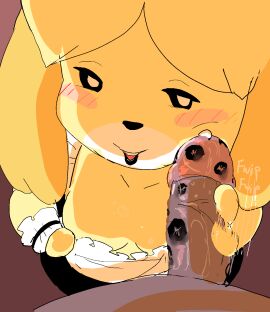 1boy 1girls animal_crossing black_lipstick blush faceless_male female forbiddenchees8 furry handjob isabelle_(animal_crossing) lipstick_mark lipstick_on_penis looking_at_penis male nude_male_clothed_female penis penis_on_cheek precum simple_background size_difference smile veiny_penis yellow_fur