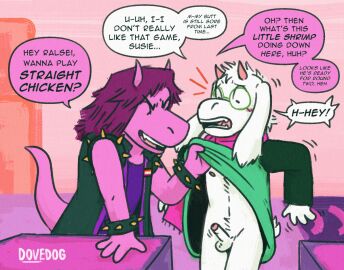 anthro armband assisted_exposure balls bicurious blush bovid bracelet bully bullying caprine clothed clothing clothing_lift deltarune dialogue digital_drawing_(artwork) digital_media_(artwork) dovedog duo english_description english_text erection exposed eyewear female fur genitals glasses goat horn humanoid_genitalia humanoid_penis humiliation imminent_rape imminent_sex jewelry lesbian_pride_colors lgbt_pride male male/female mammal orientation_play penis penis_humiliation pink_horns pride_colors questionable_consent ralsei ralsei_with_white_fur reptile scalie scarf shirt small_penis small_penis_humiliation spiked_armband spiked_bracelet spikes susie_(deltarune) tail teasing text topwear tunic undertale undertale_(series) undressing unwanted_erection unwanted_exposure wearing_glasses white_body white_fur
