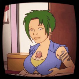 1boy1girl 1girls accurate_art_style animated animated_gif arm_bracelet big_breasts blue_button_shirt breasts cleavage cum cum_drip female feminist_emily_(king_of_the_hill) green_hair hank_hill indoors king_of_the_hill lime_shirt paizuri