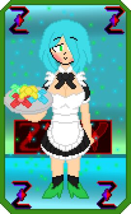 amber_lightvale background big_breasts black_socks blue_hair blush breasts female glitchtale green_hair green_shoes hair_covering_eye maid maid_outfit maid_uniform pixel pixel_art ribbon shoes short_hair transparent_background zixy