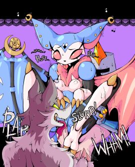 absurd_res animate_inanimate armor bat bell blush bodily_fluids breast_grab breasts canid canine carrying_another carrying_partner claws clothing cunnilingus doll duo female female_penetrated fool's_hat from_behind_position gauntlets genitals gloves group group_sex hand_on_breast handwear hat headgear headgear_only headwear heart_symbol helmet helmet_only hi_res humanoid_genitalia humanoid_penis jester knight knight_(alien_lich_lord) leg_grab legband living_doll living_puppet male male/female male_penetrating male_penetrating_female mammal membrane_(anatomy) membranous_wings mythological_canine mythological_creature mythology neck_tuft nipples open_mouth oral penetration penile penile_penetration penis penis_in_pussy ponporio_(artist) prosthetic_wing puppet pussy rough_sex sex simple_background sound_effects squish standing sweat sweatdrop tail teeth thigh_grab thigh_squish thighband threesome tongue trio tuft vaginal_penetration warrior were werecanid werecanine werewolf wings