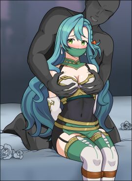 1boy 1girls aqua_hair arms_behind_back bare_thighs bed blue_hair blush bodystocking bondage boots bound bound_arms bound_legs braid breast_grab breasts captured chloe_(fire_emblem) cleavage cloth_gag collarbone covered_navel deep_skin double_breast_grab elbow_gloves embarrassed female female_focus femsub fire_emblem fire_emblem_engage flower frown gag garter_straps gloves green_eyes groping improvised_gag just_some_guy long_hair male maledom medium_breasts molestation nintendo on_bed pelvic_curtain restrained rope rose sitting solo_focus thigh_boots thighs very_long_hair