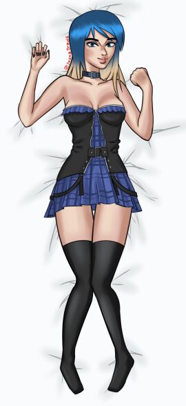 1girls 2d alternate_version_available bed blue_hair breasts cleavage clothed clothing digital_drawing_(artwork) digital_media_(artwork) dress eve_(summertime_saga) female female_focus female_only joakadraws laying_down laying_on_back laying_on_bed legwear light-skinned_female light_skin long_socks looking_at_viewer on_bed small_breasts solo solo_focus stockings summertime_saga tease teasing teasing_viewer teenage_female teenager thighhighs two-tone_hair