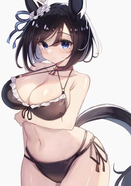 arm_at_side arm_under_breasts black_swimsuit breasts eishin_flash_(umamusume) female frilled_bikini huge_breasts large_breasts large_hips swimsuit umamusume wide_hips