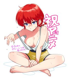 bare_arms bare_legs bare_shoulders bare_thighs barefoot big_breasts blue_eyes blush body_blush braid breasts chimachi cleavage dolphin_shorts feet female hand_on_own_leg no_bra ranma-chan ranma_1/2 ranma_saotome red_hair shiny_skin shirt sitting strap_slip thighs toes wet_body wet_hair white_shirt