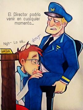 2018 2boys blonde_hair blush blushing brown_hair cinergistic_films clothed clothed_sex clothing duo el_general el_nerd fellatio gay genitals hand_on_head headwear huevocartoon male male/male male_only marcianos_vs._mexicanos oral_sex penis sitting sitting_on_chair spanish_text sweat sweatdrop televisa text traditional_media_(artwork) videocine yaoi