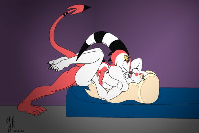 anthro balls bed blitzo_(helluva_boss) blonde_hair breasts charlie_morningstar_(hazbin_hotel) demon demon_humanoid duo female female_penetrated from_front_position furniture genitals hazbin_hotel helluva_boss hi_res horn humanoid imp interspecies looking_pleasured lying male male/female male_penetrating male_penetrating_female missionary_position naked nipples nude on_back on_bed open_mouth open_smile penetration penile penile_penetration penis red_body red_eyes sex simple_background smile tail teamavalanchemember2 teeth thick_thighs tongue tongue_out vivienne_medrano white_body