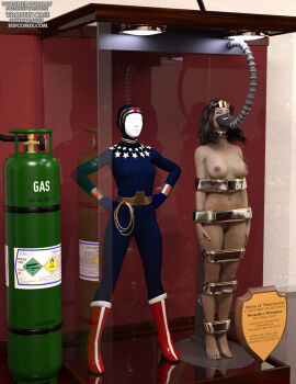 1girls 3d black_hair bound bound_arms bound_legs completely_nude dc dc_comics defeated defeated_heroine diana_prince female female_only femsub full_body justice_league lasso_of_truth mannequin nude nude_female solo superheroine thejpeger trophy_case wonder_woman