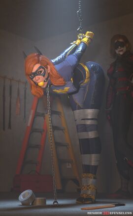 2girls 3d arms_behind_back ball_gag batgirl batgirl_(barbara_gordon) batgirl_(gotham_knights) bent_over bondage bound_legs bound_wrists clothed_bondage female female_only fully_clothed fully_clothed_female gag gagged gotham_knights harley_quinn harley_quinn_(gotham_knights) ladder rendereddefenseless