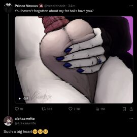 aleksawrite anthro arctic_fox balls balls_blush balls_grope big_balls big_penis big_perineum blue_claws blush body_blush canid canine claws clothing digit_ring draw_over flaccid fox fur gem genitals grope hi_res humanoid_genitalia humanoid_penis hybrid_genitalia hybrid_penis jewelry male male_only mammal medial_ring medial_ringed_humanoid_penis medial_ringed_hybrid_penis pawpads penis perineum pink_pawpads pink_penis realistic ring sapphire_(gem) social_media solo text true_fox vexxus_(vxserenade) vxserenade wedding_ring white_body white_fur