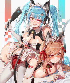 2girls alternate_version_at_source alternate_version_available angry ass ass_focus ass_up bed bedroom bell big_ass big_breasts blue_hair blush blushing_at_partner breast_focus breast_press breast_squeeze breasts breasts_out brown_eyes brown_hair cat_ears cat_girl cat_tail catgirl clapping_cheeks cleavage clenched_teeth clothed clothing continuation cosplay defeated defeated_heroine dominant dominant_female domination embarrassed female female_only femdom femsub fist gloves goddess_of_victory:_nikke grabbing_sheets hand_on_head highres holding_head holding_object humiliation light_blue_hair light_brown_hair light_skin long_hair looking_at_another looking_at_partner looking_down lying lying_on_bed maid maid_headdress maid_uniform michairu on_bed on_lap over_the_knee over_the_knee_spanking paddle panties privaty_(nikke) privaty_(unkind_maid)_(nikke) punishment punishment_spanking rapi_(nikke) red_brown_hair red_eyes revenge ribbon rivalry rivals role_reversal sheet_grab slap slap_mark spanked spanking strawberry_panties struggling sweat sweatdrop tearing_up tears teasing thick_thighs thighhighs thighs turning_the_tables twintails underwear weapon white_background white_gloves white_legwear white_thighhighs wide_hips yellow_eyes yuri