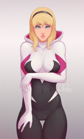 blonde_female blonde_hair blue_eyes breasts cameltoe erect_nipples female female_focus female_only gwen_stacy hairband jodsy looking_at_viewer marvel marvel_comics nipple_bulge nipples perky_breasts perky_nipples pussy pussy_bulge spandex spandex_suit spider-gwen spider-man_(series) thigh_gap thighs thighs_together tight_clothing unmasked