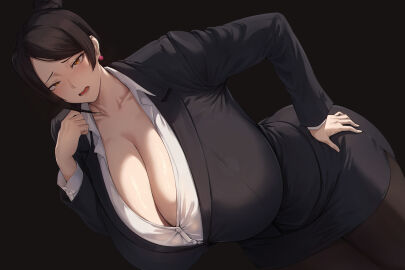 1girls ass big_ass big_breasts big_thighs bijin_onna_joushi_takizawa-san black_hair blush breasts breasts_bigger_than_head cleavage clothed clothing earrings female gigantic_ass gigantic_breasts gigantic_thighs huge_ass huge_breasts huge_thighs hyper hyper_breasts looking_at_viewer office_clothing office_lady pink_eyes solo takizawa_kyouko thick_thighs thighs zer0artzer0