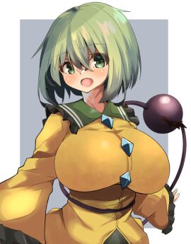 1girls big_breasts blush breasts clothes clothing female female_only green_eyes green_hair koishi_komeiji light-skinned_female light_skin looking_at_viewer simple_background solo spy_artservice tagme touhou