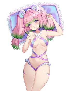1girls :3 absurdres bird blunt_bangs blush breasts female female_only frills gradient_hair green_hair hair_ornament highres immy_bisou_(artist) light-skinned_female light_skin looking_at_viewer medium_breasts multicolored_eyes multicolored_hair official_art pillow pink_hair purple_eyes seashell shell solo stronny_cuttles transparent_background twintails two-tone_hair vallure vallure_gen_1:indulge virtual_youtuber yellow_eyes