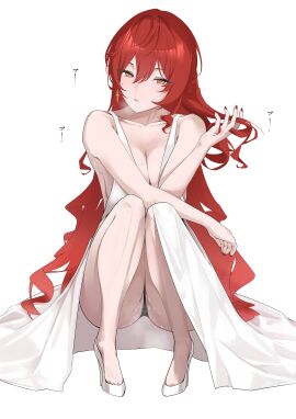 absurdres bbbkhr black_panties breasts cleavage commentary_request dress female high_heels highres himeko_(honkai:_star_rail) honkai:_star_rail honkai_(series) large_breasts long_hair looking_at_viewer mole mole_under_eye orange_eyes panties pussy_juice red_eyes red_nails simple_background sitting solo underwear very_long_hair white_background white_dress