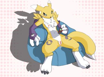 absurd_res anthro anus bandai_namco bodily_fluids breasts digimon digimon_(species) digivice female fur genital_fluids hi_res looking_at_viewer remamon renamon solo tail vaginal_fluids yellow_body yellow_fur