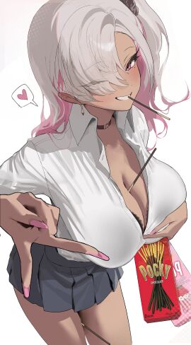 1girls ;d asymmetrical_bangs asymmetrical_hair beauty_mark between_breasts between_legs between_thighs big_breasts black_bra blush bra bra_peek breasts character_request choker cleavage dark-skinned_female dark_skin earrings female female_only fingernails food food_between_breasts food_play grey_hair grey_skirt grin gyaru hair_ornament hair_over_one_eye hair_scrunchie hand_on_own_chest heart heart_symbol high_resolution highres inviting jewelry lace lace-trimmed_bra lace_trim large_breasts looking_at_viewer miniskirt mole mole_under_eye mouth_hold multicolored_hair nail_polish object_between_breasts oh_(aung_ae) one_eye_closed one_side_up open_collar original pink_eyes pink_hair pink_nails pleated_skirt pocky pocky_in_mouth scrunchie seductive simple_background skindentation skirt smile solo spoken_heart stud_earrings tan-skinned_female tan_body tan_skin tanned tanned_female tanned_skin two-tone_hair underwear white_background wink