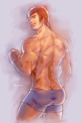10s 1boy 2012 ass ass_cleavage ass_crack back bara buriki_one butt_crack fingerless_gloves gai_tendo ginger hydaria king_of_fighters male male_only muscular muscular_male orange_hair shorts snk solo tagme video_games watercolor_(artwork) yaoi