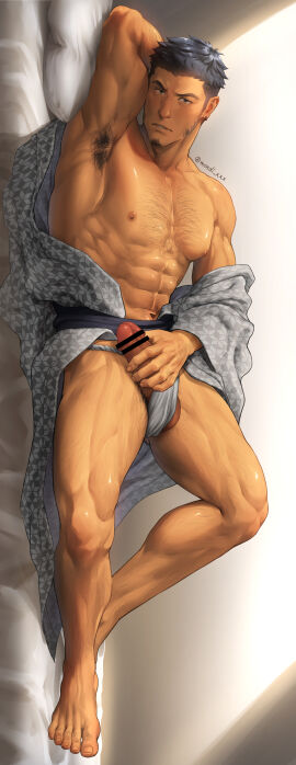 1boy abs absurd_res arm_hair armpit_hair armpits arms_up balls balls_out bara barefoot beard_stubble bed beefy biceps big_areola big_penis black_eyes black_hair censor_bar censored censored_penis chest_hair daddy dakimakura dakimakura_design dark_penis dilf erection feet fingernails foreskin foreskin_folds frenulum frown fundoshi fundoshi_aside gay hand_behind_head hand_on_crotch hi_res holding_penis huge_cock hunk kimono leg_hair legs_apart long_image looking_at_viewer lying lying_on_bed lying_on_side male male_only masculine_male mature_male mondi_xxx muscles muscular muscular_arms muscular_legs muscular_male muscular_thighs navel navel_hair open_clothes original original_character pantless pecs penis penis_out pillow pointless_censoring pubic_hair quadriceps range_(mondi_xxx) red_glans rokushaku_fundoshi short_hair sideburns six_pack solo thick_eyebrows thick_penis toenails toes topless tough_guy triceps uncircumcised very_high_resolution white_fundoshi yaoi yukata