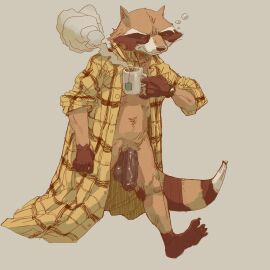 absurd_res anthro balls beverage bodily_fluids bottomless cheek_tuft clothed clothing container cup doldrum facial_tuft feet flannel flannel_shirt foreskin genital_fluids genitals guardians_of_the_galaxy hi_res inner_ear_fluff male male_only mammal marvel marvel_comics morning open_clothing open_shirt open_topwear organs penis precum procyonid pubes raccoon rocket_raccoon shirt shirt_only solo stomach tail tea topwear topwear_only tuft uncircumcised walking