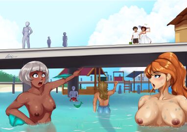 3boys 4girls aikiyun breasts clothed_female clothed_male faunus fish_tail multiple_boys multiple_girls nude_female nude_male orange_hair orange_hair_female oscar_pine pointing ponytail ruby_rose rwby sun_hat wet_body white_hair white_hair_female